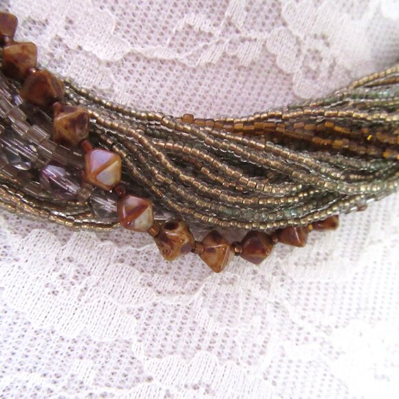 Gold beaded multi strand necklace with iridescent, clear and brown beading MCM - Picture 10 of 10